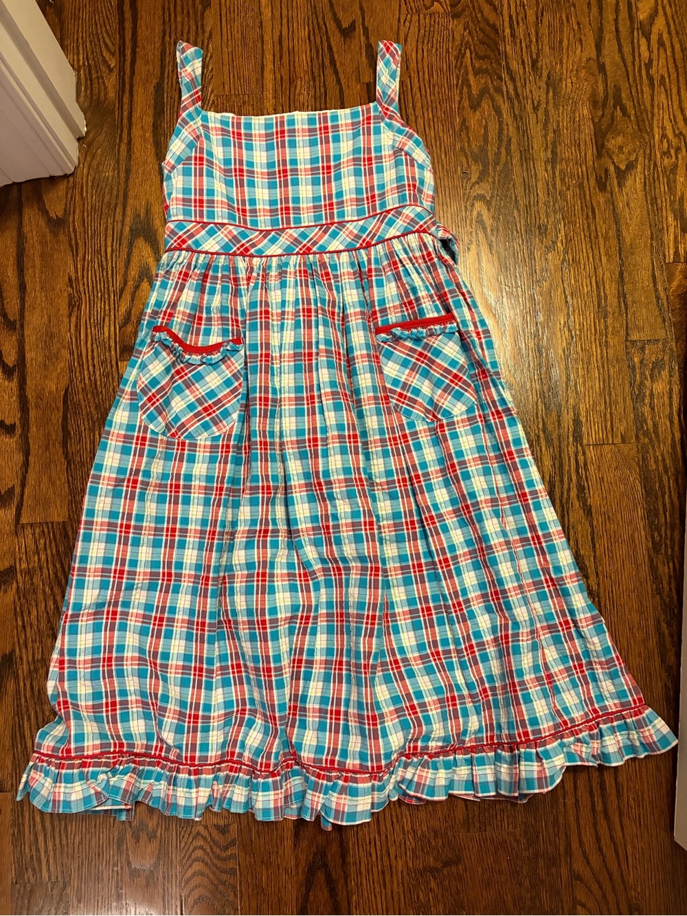 Strasburg Girls’ Size 8 Blue and Red Plaid Sundress with Pockets